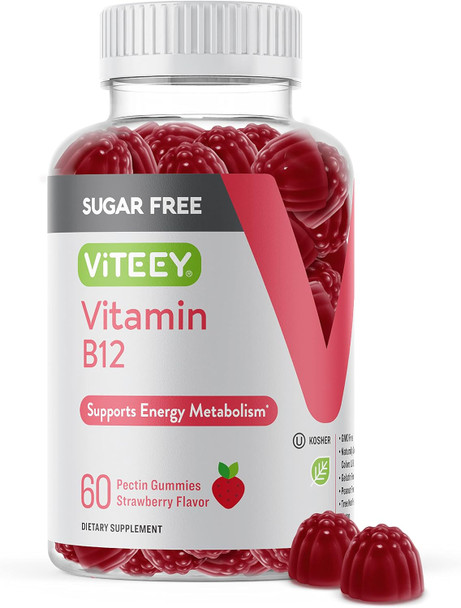 Vitamin B12 Gummies For Adults & Teens 1000Mcg, Sugar - Good For Energy, Metabolism, Natural Energy Support - Vegan, Gelatin Free, Gluten Free, Gmo - Tasty Chewable Strawberry Flavored Gummy