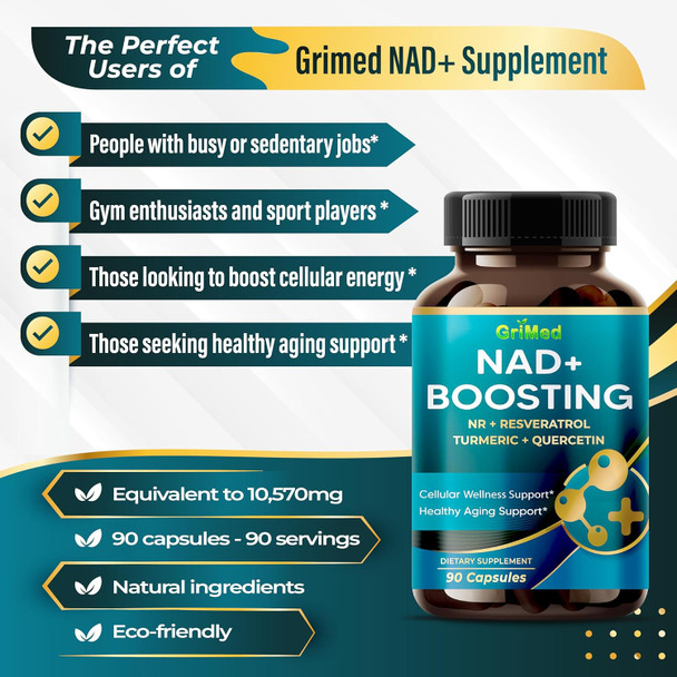Grimed Nad + Boosting 16,550Mg- X12 Power With Nr + Resveratrol Turmeric + Quercetin - Cellular Energy, Cellular Repair, Healthy Aging - Usa Made & Tested (90 Count (Pack Of 1))