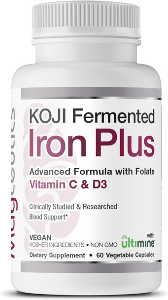 Koji Fermented Iron Plus - Iron Supplement With Vitamin C, Vitamin D3 And Folate For Blood Support, Easily Absorbed And Bioavailable, Stomach Friendly, Vegan, Non-Gmo - 60 Capsules
