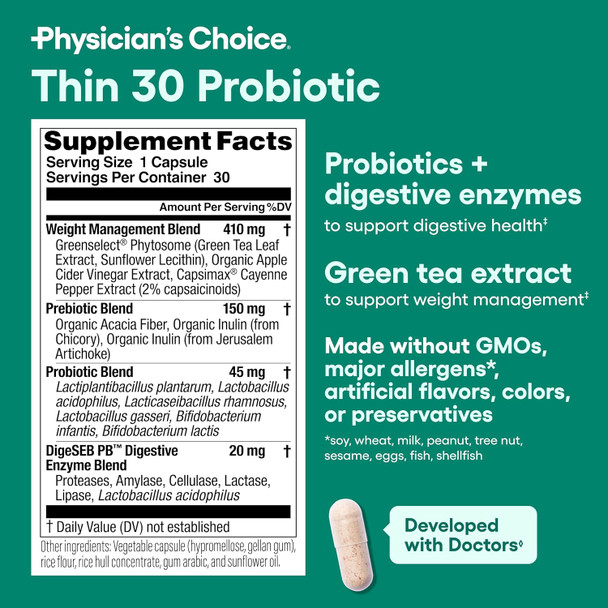 Physician'S Choice Probiotics For Weight Management & Bloating - 6 Probiotic Strains - Prebiotics - Key Ingredient Cayenne & Green Tea - Supports Gut Health - Weight Management For Women & Men - 30 Ct