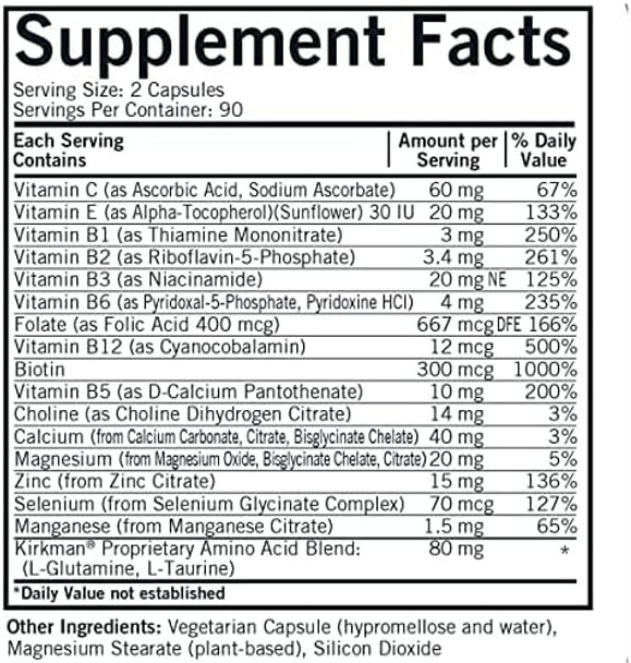 Kirkman - Everyday Multivitamin Without Vitamins A & D - 180 Capsules - Comprehensive Multivitamin - Mineral Support - Hypoallergenic