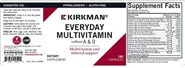 Kirkman - Everyday Multivitamin Without Vitamins A & D - 180 Capsules - Comprehensive Multivitamin - Mineral Support - Hypoallergenic