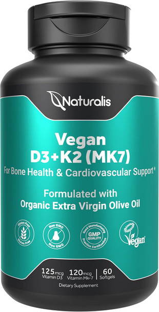 Naturalis Vegan Vitamin D3 + K2 From Algae  5000Iu Vitamin D With 120Mcg Mk7 Vitamin K  Vegan Society Certified, Sustainably Sourced, Better Than Animal Derived  60 Veggie Softgels