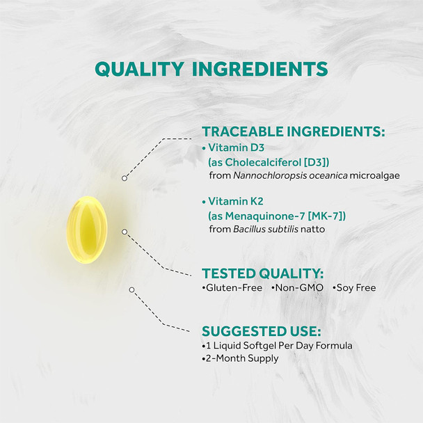 Naturalis Vegan Vitamin D3 + K2 From Algae  5000Iu Vitamin D With 120Mcg Mk7 Vitamin K  Vegan Society Certified, Sustainably Sourced, Better Than Animal Derived  60 Veggie Softgels