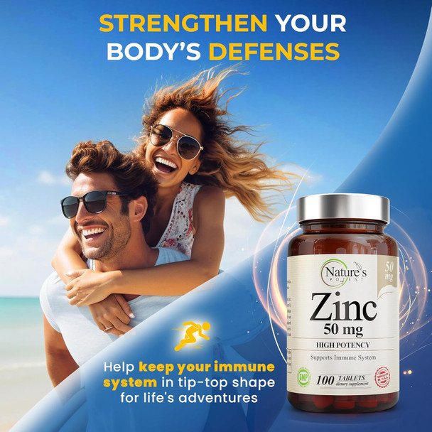 Zinc 50Mg [High Potency] Supplement - Immune Support System From Natural Zinc (Oxide/Citrate) 100 Tablets, Made By Nature’S Potent.