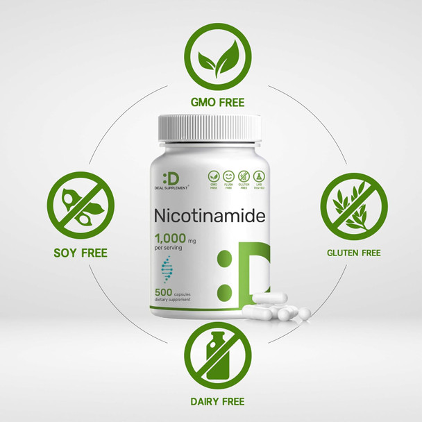 Vitamin B3 Nicotinamide 1,000Mg Per Serving – 500 Capsules, Flush Niacin, Essential B3 – Supports Healthy Skin & Energy Production – Non-Gmo