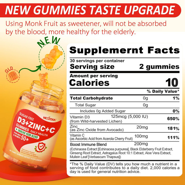 Sugar Vitamin C + D3 + Zinc Gummies For Adults 50 +, 9 In 1 Immune Defense Supplement With D3 5000Iu, Elderberry, Echinacea, Mullein Leaf For Boost Immunity, Power Antioxidant, Vegan (Pack Of 2) Sugar Vitamin C + D3 + Zinc Gummies For Adults 50 +, 9 In 1 Immune Defense Supplement With D3 5000Iu, Elderberry, Echinacea, Mullein Leaf For Boost Immunity, Power Antioxidant, Vegan (Pack Of 2)