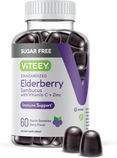 Sambucus Elderberry Gummies For Adults & Teens + Zinc & Vitamin C - Sugar - Immune Support & Booster Herbal Supplement - Vegan, Gluten Free, Gelatin Free, Gmo Free, Chewable Berry Flavored Gummy