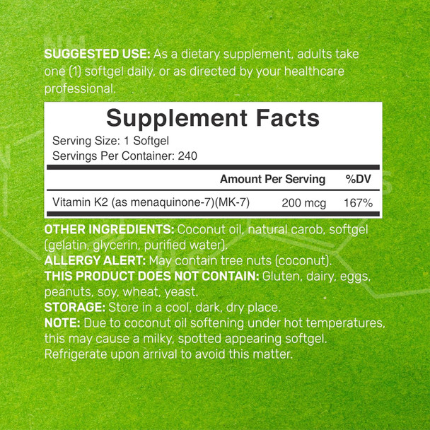 Deal Supplement Vitamin K2 (Mk-7) 200Mcg, 240 Virgin Coconut Oil Softgels  Premium Menaquinone-7 Form, Easily Absorbed Vitamin K Supplement – Bone, Joint, & Immune Support – Non-Gmo