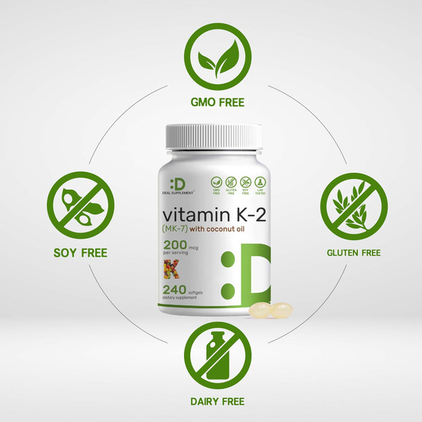 Deal Supplement Vitamin K2 (Mk-7) 200Mcg, 240 Virgin Coconut Oil Softgels  Premium Menaquinone-7 Form, Easily Absorbed Vitamin K Supplement – Bone, Joint, & Immune Support – Non-Gmo