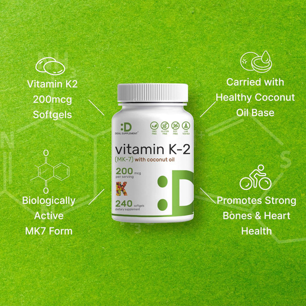 Deal Supplement Vitamin K2 (Mk-7) 200Mcg, 240 Virgin Coconut Oil Softgels  Premium Menaquinone-7 Form, Easily Absorbed Vitamin K Supplement – Bone, Joint, & Immune Support – Non-Gmo