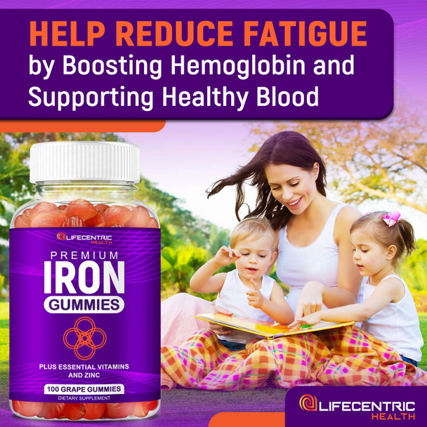 Lifecentrichealth Iron Gummies For Adults & Kids  Biotin Zinc Vitamin B Folic Acid Gummies  Vegan Gluten Blood Builder Anemia Supplements  Tasty Energy Boosting Iron Supplement For Women & Men