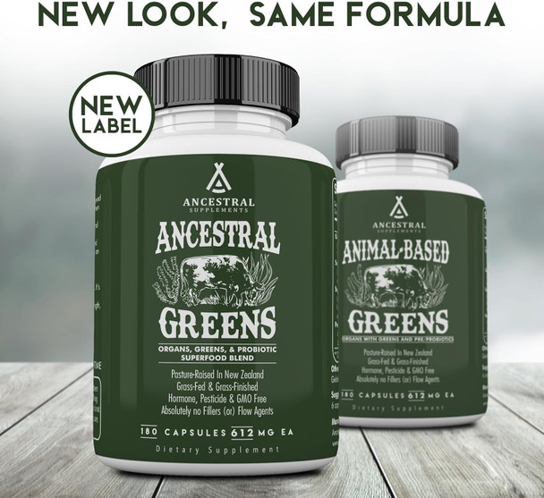 Ancestral Supplements Greens Powder Capsules, Organic Superfood Greens & Reds Blend With Spirulina, Chlorella, Grass Fed Beef Organs, And Probiotics For Gut Health, Non Gmo, 615Mg Each, 180 Count