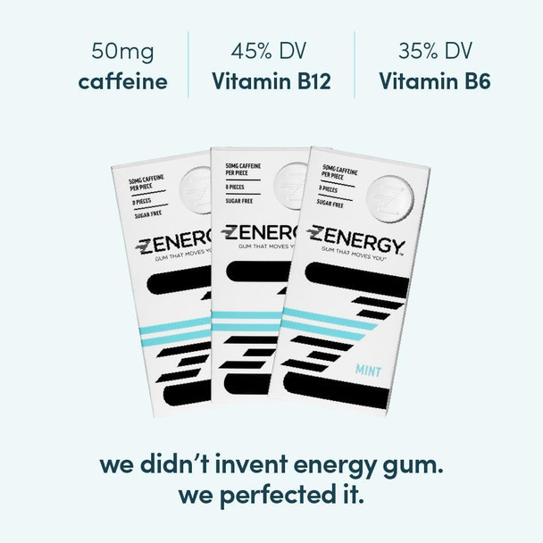 Zenergy Energy Gum - Mint Flavor  50Mg Caffeine + 35% B6 And 45% B12 Vitamin  Vegan, 0 Sugar, 0 Calories, 0 Gluten, 0 Aspartame, Non-Gmo, Instant Action  3 Pack = 24 Count