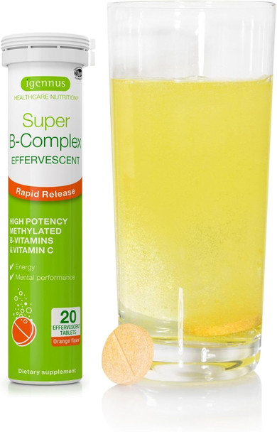 Super B-Complex Methylated Liquid B-Vitamin Effervescent Supplement, Fast Action Energy Drink, Caffeine & Sugar-Free, Orange Flavor, Vegan, 20 Tablets, By Igennus