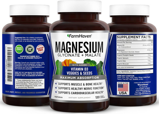 Farmhaven Magnesium Glycinate & Malate Complex W/Vitamin D3, 100% Chelated For Max Absorption, Vegetarian – Bone Health, Nerves, Muscles, 120 Capsules, 60 Days