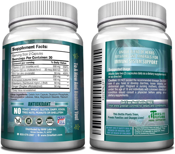 7 In 1 Immune Support Supplement With Vitamin C, D3, Zinc 50Mg, Quercetin, Echinacea Purpurea, Sambucus Elderberry And Ginger For Complete Immune Defense - 60 Capsules (3 Bottles)