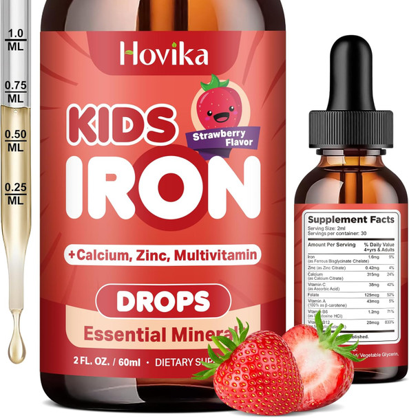 Liquid Iron Supplement For Kids & Women Men - With Calcium, Zinc & Kids Multivitamin Iron Drops - Immune Support, Blood Builder & Energy Support For Iron Deficiency, Anemia, Vegan 2 Fl Oz