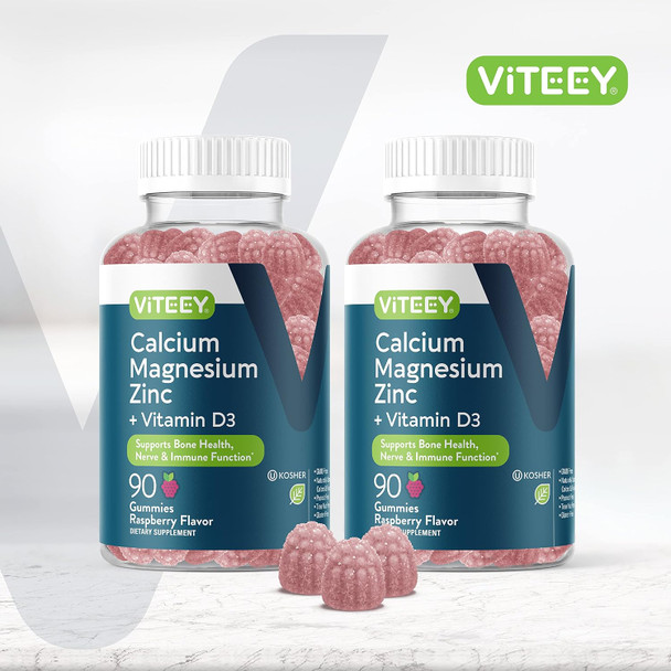 Calcium Magnesium Zinc Gummies With Vitamin D3 - Supports Bone Health, Nerve & Immune Function - Calcium Magnesium Zinc D3 Supplement For Adults & Teens - Gmo - Chewable Raspberry Flavored Gummy