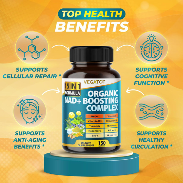 Vegatot Nad+ Boosting Complex - Nad Supplements For Women & Men 15-In-1 Formula With Resveratrol Turmeric Quercetin Rosemary Bilberry Sage Green Tea