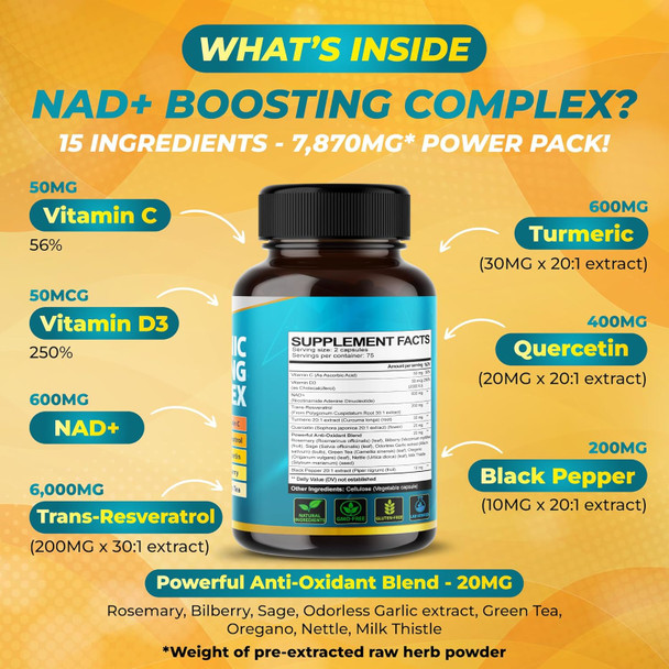 Vegatot Nad+ Boosting Complex - Nad Supplements For Women & Men 15-In-1 Formula With Resveratrol Turmeric Quercetin Rosemary Bilberry Sage Green Tea