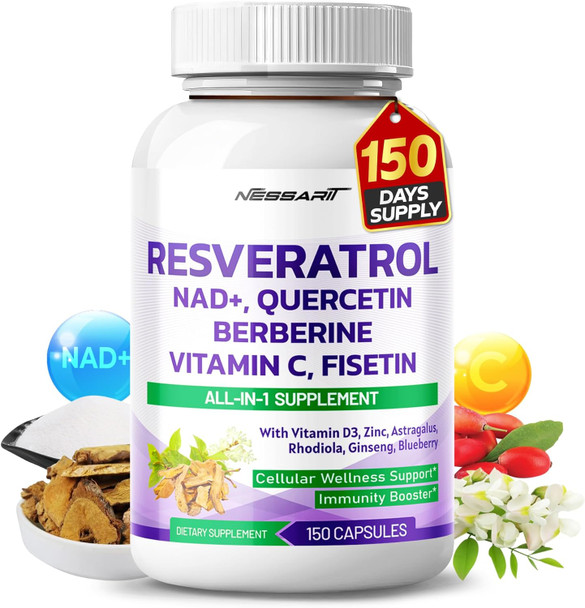 Resveratrol 25,500Mg Supplement - 18-In-1 Natural Blend With Nad + Milk Thistle Astragalus Rhodiola Gotu Kola Elderberry Blueberry - 150 Count - Made & Tested In The Usa