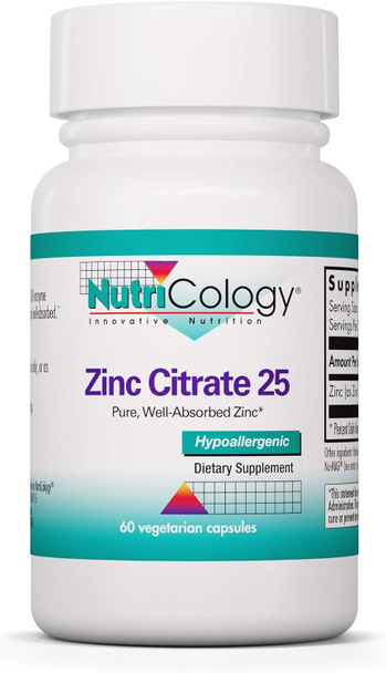 Nutricology Zinc Citrate Supplement - 25Mg Zinc For Men & Women, Immune Support, Pure, Well-Absorbed, Well-Tolerated, Trace Mineral, Vegetarian Capsules - 60 Count