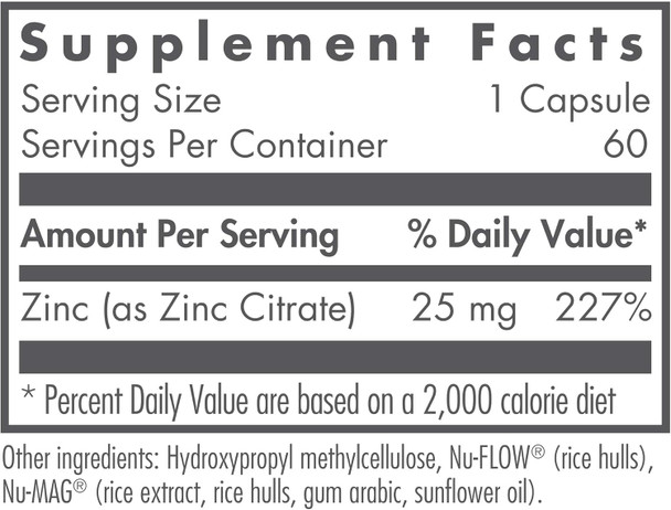 Nutricology Zinc Citrate Supplement - 25Mg Zinc For Men & Women, Immune Support, Pure, Well-Absorbed, Well-Tolerated, Trace Mineral, Vegetarian Capsules - 60 Count