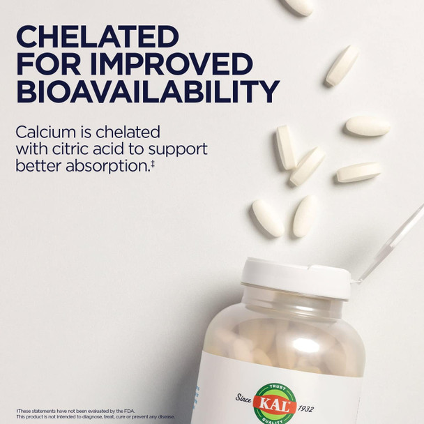 Kal Calcium Citrate 1000Mg, Calcium Supplements For Women And Men, Bone Health, Teeth, Nervous, Muscular & Cardiovascular System Support, Gluten And Lab Verified, 60 Servings, 180 Tablets