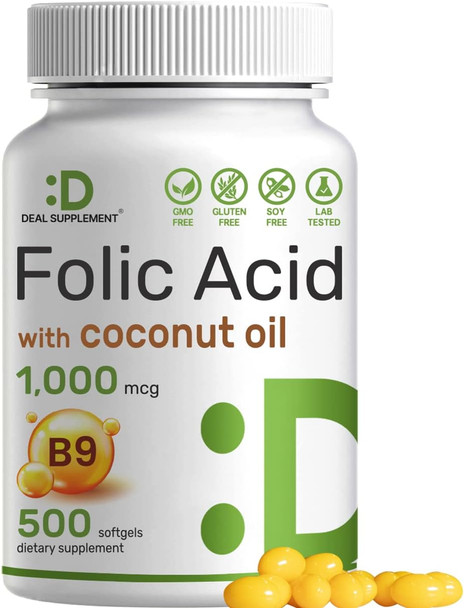 Deal Supplement Folic Acid 1000 Mcg (1 Mg), 500 Coconut Oil Softgels  Bioavailable Prenatal Vitamins (Vitamin B9) – 1,667 Mcg Dfe – Easy To Swallow, Non-Gmo, & No Gluten