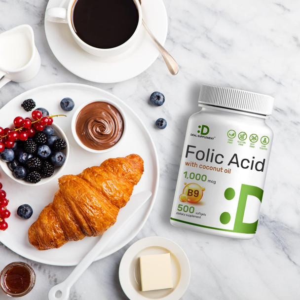 Deal Supplement Folic Acid 1000 Mcg (1 Mg), 500 Coconut Oil Softgels  Bioavailable Prenatal Vitamins (Vitamin B9) – 1,667 Mcg Dfe – Easy To Swallow, Non-Gmo, & No Gluten