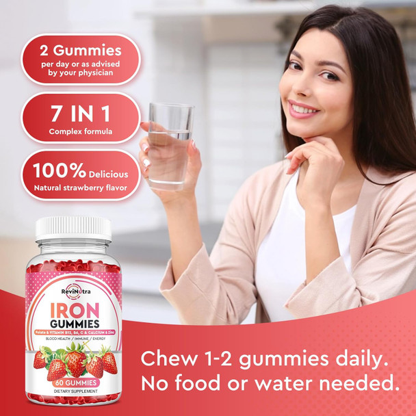 Iron Gummies - With Calcium, Zinc, Folate & Vitamin B12, C,B6 For Adults & Kids - Blood Builder & Energy Support For Iron Deficiency, Anemia, Vegan - 60 Gummies