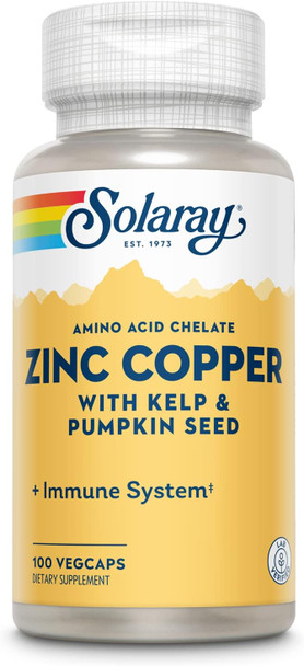 Solaray Zinc Copper Amino Acid Chelate - Immune Support Supplement W/Chelated Zinc 50Mg - Bone, Skin, Heart Health And Thyroid Support - With Iodine From Kelp, 60-Day , 100 Serv, 100 Vegcaps