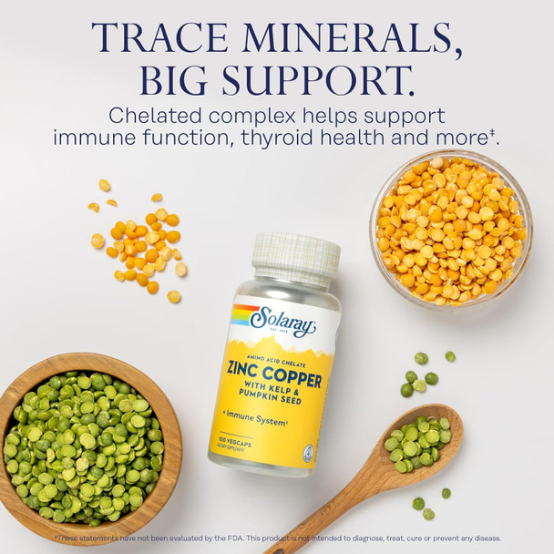 Solaray Zinc Copper Amino Acid Chelate - Immune Support Supplement W/Chelated Zinc 50Mg - Bone, Skin, Heart Health And Thyroid Support - With Iodine From Kelp, 60-Day , 100 Serv, 100 Vegcaps
