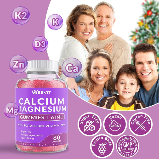 Sugar Calcium Gummies 600Mg W/Vitamin D3 K2, Potassium, Calcium Magnesium Zinc Gummies For Bone, Muscle & Immune, Algae Calcium Magnesium 2:1 Ratio Calcium Supplement For Women & Men - Vegan