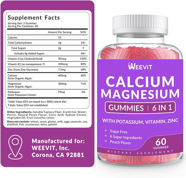 Sugar Calcium Gummies 600Mg W/Vitamin D3 K2, Potassium, Calcium Magnesium Zinc Gummies For Bone, Muscle & Immune, Algae Calcium Magnesium 2:1 Ratio Calcium Supplement For Women & Men - Vegan