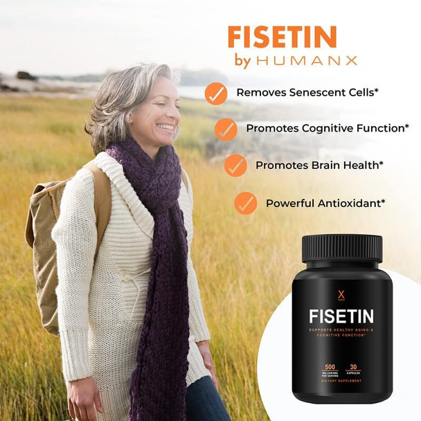 Humanx Fisetin 500Mg - 98% Pure Fisetin Supplement - Powerful Serving Size (Similar To Apigenin, Luteolin, Quercetin) Senolytic Activator - Natural Polypheonols - Usa Made, Non-Gmo Fisetin Capsules