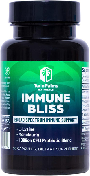 Immune Bliss - Broad Spectrum Daily Wellness Support For Seasonal Sickness  L-Lysine Monolaurin Probiotic Prebiotic Blend  Provides Natural Defense  Vegan Vegetarian Non-Gmo  60 Capsules