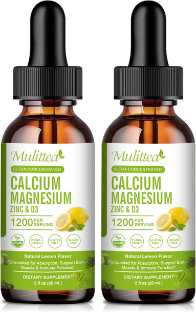 Calcium Magnesium Zinc Liquid With Vitamin D3, Magnesium Glycinate Plus Vitamin C K2 High Absorption Plant Calcium Supplement For Heart & Bone Gluten Free，Sugar- 60 Servings  Lemon Flavor