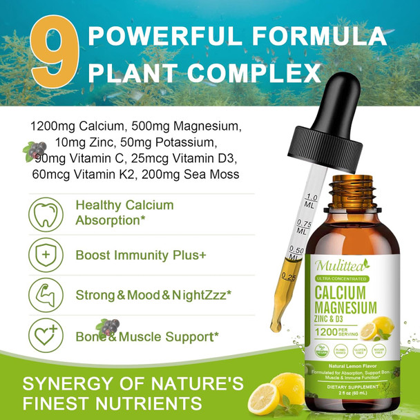 Calcium Magnesium Zinc Liquid With Vitamin D3, Magnesium Glycinate Plus Vitamin C K2 High Absorption Plant Calcium Supplement For Heart & Bone Gluten Free，Sugar- 60 Servings  Lemon Flavor