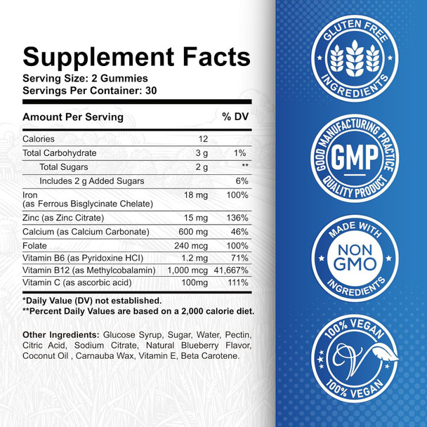 Iron Gummies - With Calcium, Zinc, Folate & Vitamin B12, C,B6 For Adults & Kids - Blood Builder & Energy Support For Iron Deficiency, Anemia, Vegan - Blueberry Flavor, 60 Gummies