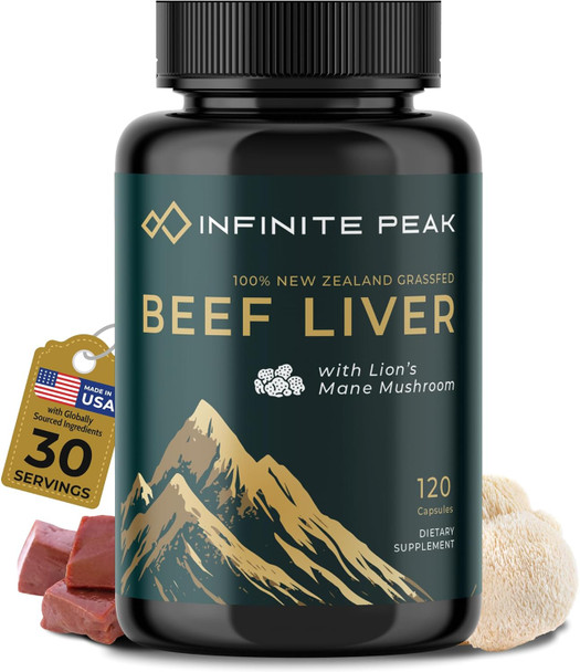 Grass Fed Beef Liver Capsules W/ Lions Mane For Energy, Focus & Memory  Grassfed Beef Liver Supplement Supports Full Body Wellness  Beef Organs Supplement For Men - Freeze Dried  30 Serving-120 Cnt