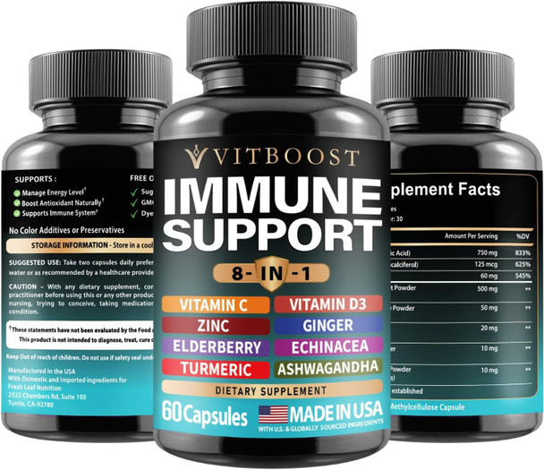 Elderberry Immune Support Supplement 8-In-1 Formula With Echinacea, Vitamin C & Zinc, Vitamin D 5000 Iu, Turmeric, Ginger, Ashwagandha – 60 Capsules