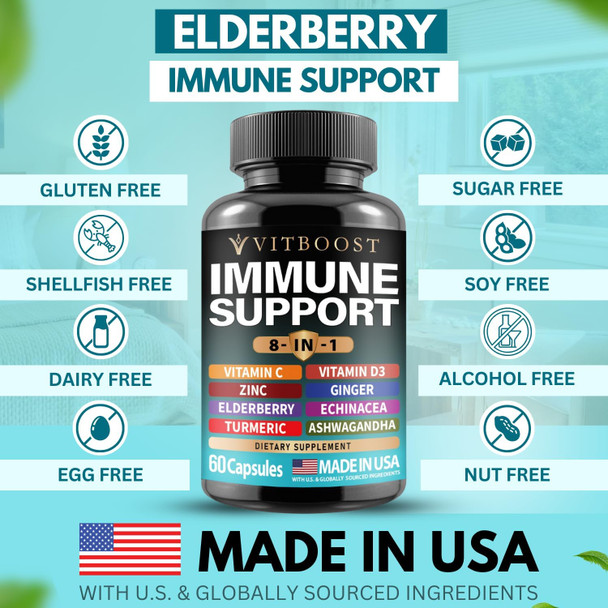 Elderberry Immune Support Supplement 8-In-1 Formula With Echinacea, Vitamin C & Zinc, Vitamin D 5000 Iu, Turmeric, Ginger, Ashwagandha – 60 Capsules