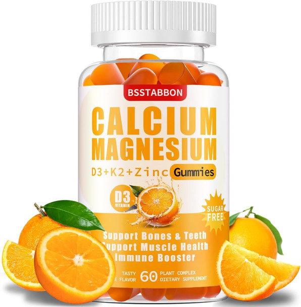 Calcium Magnesium Zinc Gummies For Adult: With Vitamin D3 K2 For Women Men Organic Sugar Vegan Chewable Gummy - High Absorption For Immune Strength(60 Count)