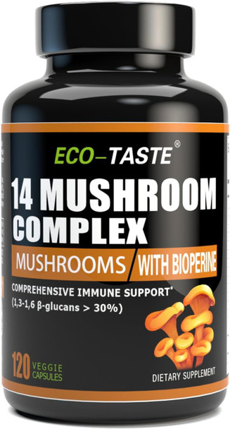 14 Mushrooms Supplement 120 Capsules - Immune System Booster & Nootropic Brain Supplement – With Lion’S Mane, Reishi, Maitake, Turkey Tail, Chaga Complex – Black Pepper For Absorption, 30% Beta-Glucan