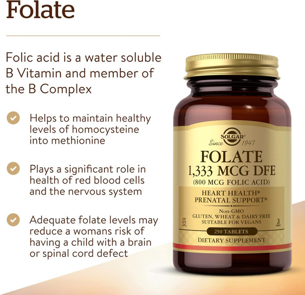 Solgar Folate 1,333 Mcg Dietary Folate Equivalent (800 Mcg Folic Acid), 250 Tablets - Heart Health, Healthy Nervous System, Prenatal Support - Non-Gmo, Vegan, Gluten Free, Dairy - 250 Servings