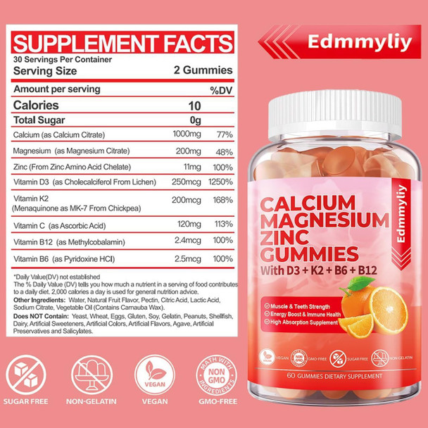 Sugar Calcium Magnesium Zinc Supplement Gummies With Vitamin D3 & B12 For Women And Men High Absorption Calcium Magnesium Supplement For Bone & Teeth Strength, Muscle & Immune (120 Counts)