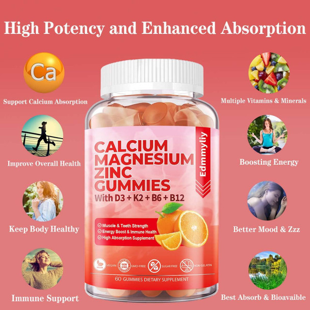 Sugar Calcium Magnesium Zinc Supplement Gummies With Vitamin D3 & B12 For Women And Men High Absorption Calcium Magnesium Supplement For Bone & Teeth Strength, Muscle & Immune (120 Counts)