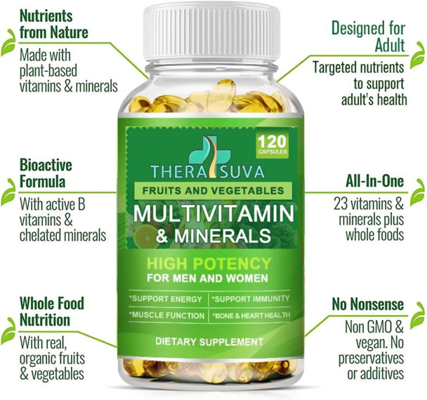 Natural Multivitamins & Minerals, Whole Food Supplement - Vegan + B-Complex + Calcium + Magnesium + Zinc, For Men & Women, Complete Nutritional Support- 120 Capsules, 60 Day Supply